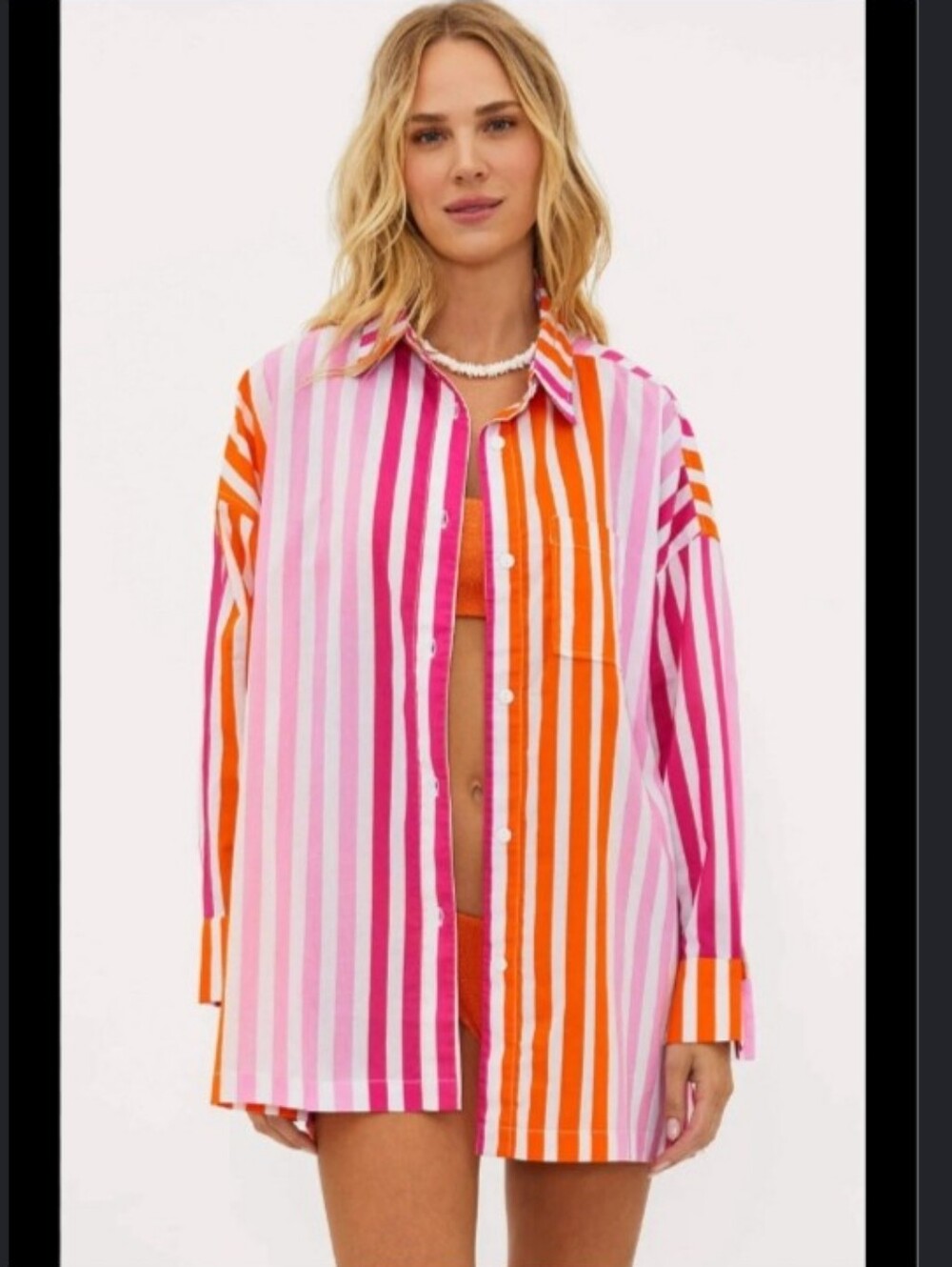 Beach Riot Pink And Orange Vertical Stripe Button Down Cover up Shirt Size L/XL